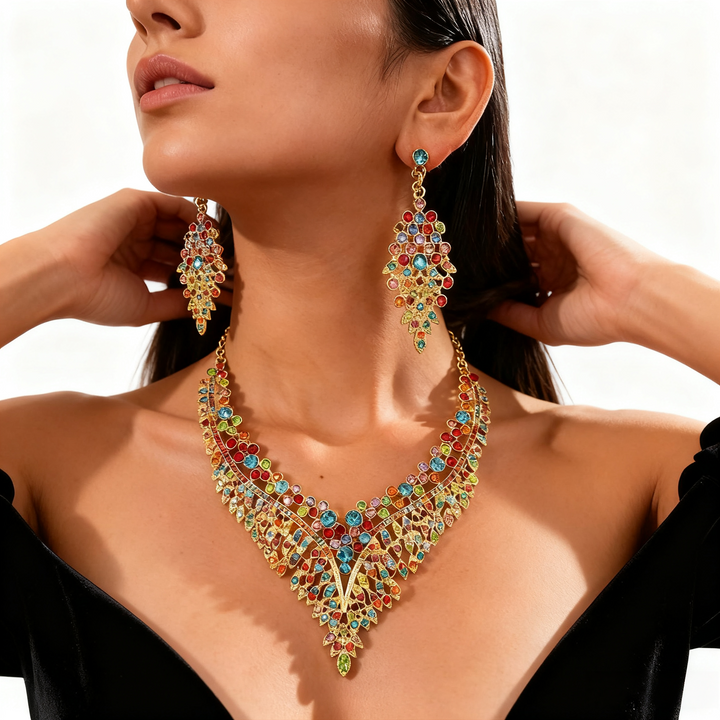 Colorful Crystal Leaf Necklace &amp; Earring Set
