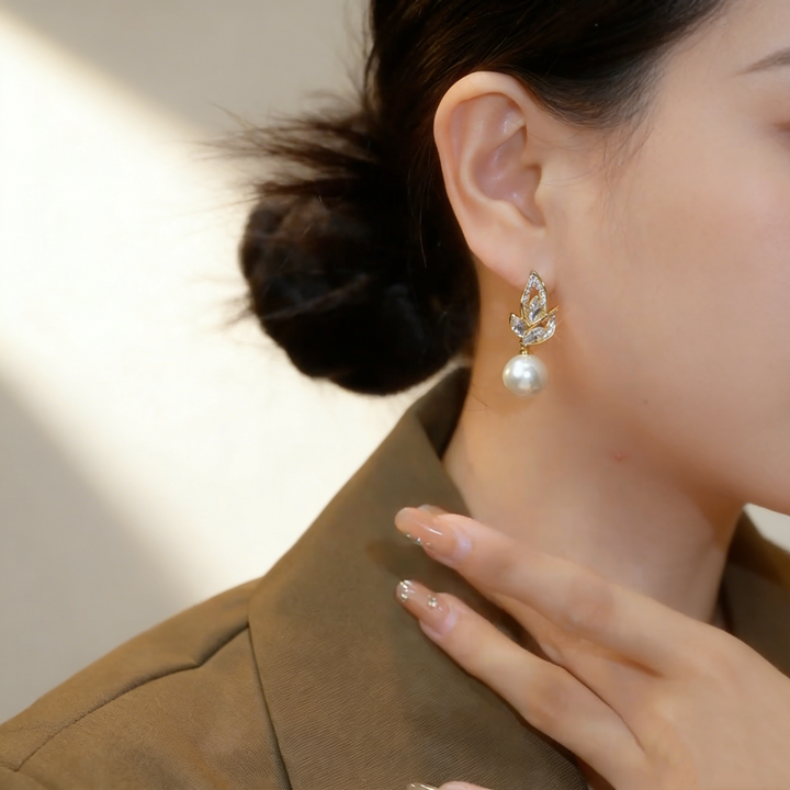 Leaf Pearl Drop Earrings