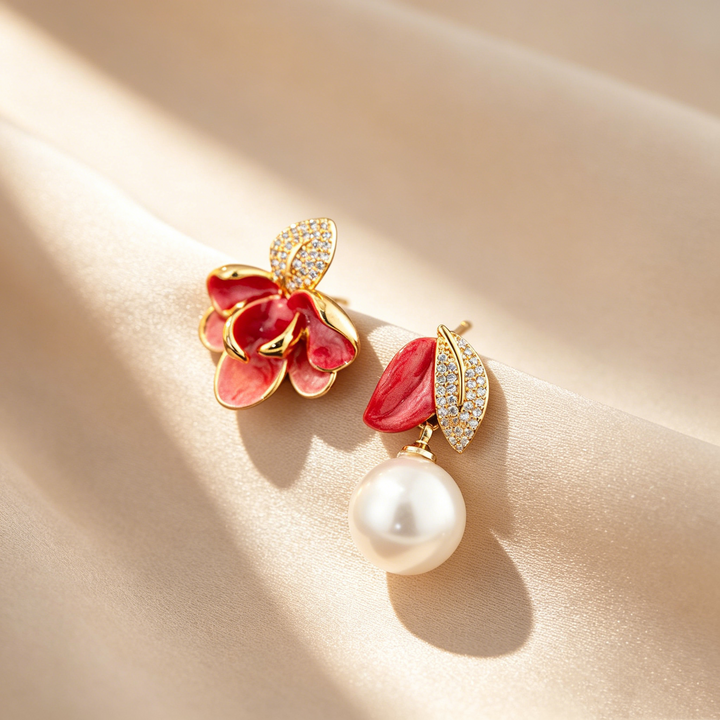 Elegant Asymmetrical Magnolia Enamel &amp; Pearl Drop Earrings