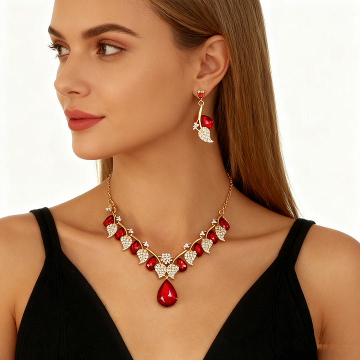 Red Crystal Diamond Necklace &amp; Earring Set