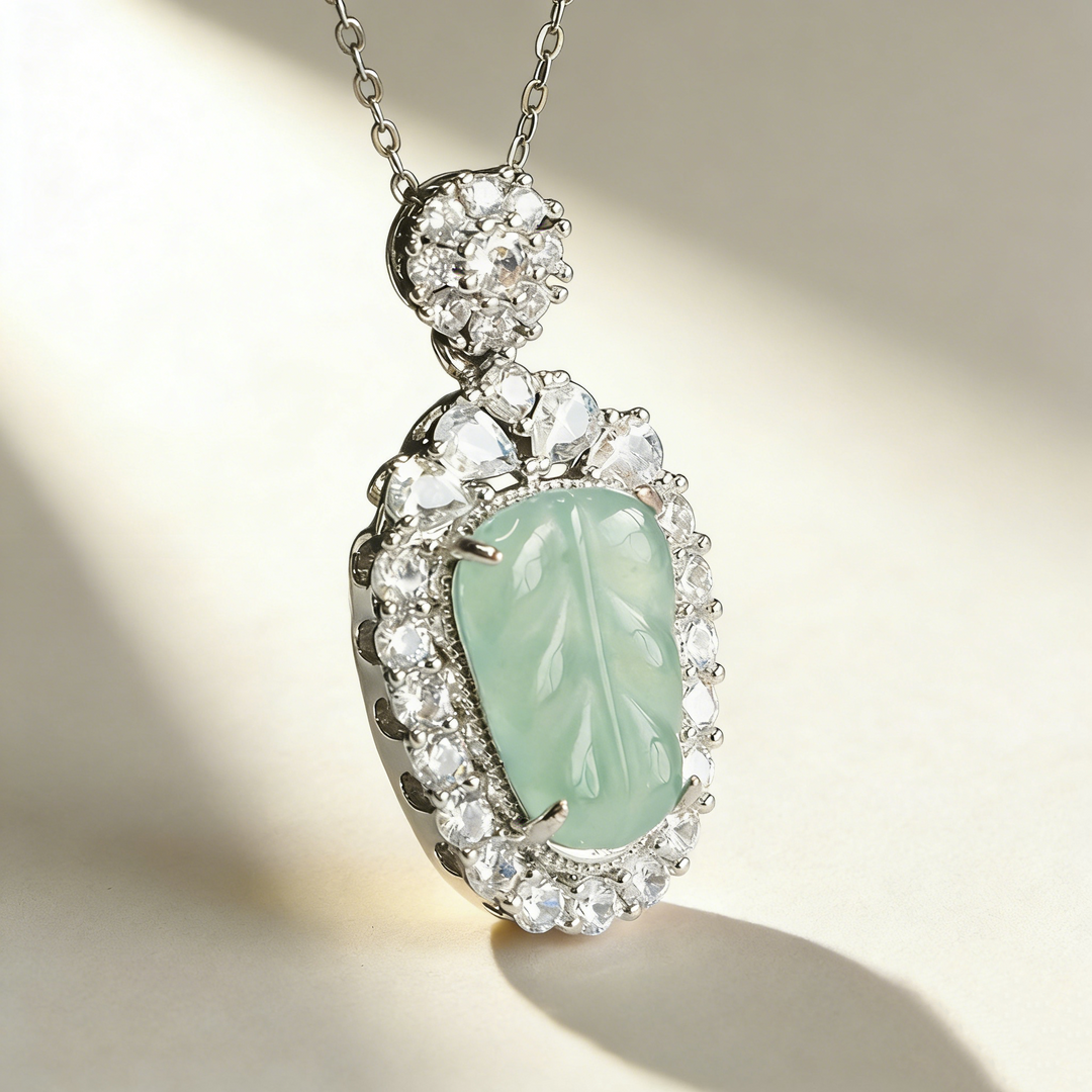 Natural Blue Jade Leaf Pendant Necklace