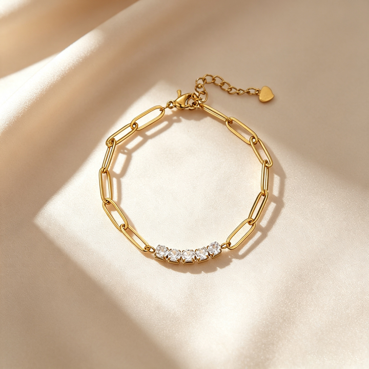 Paperclip Link Round Stone Station Bracelet