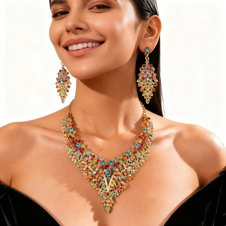 Colorful Crystal Leaf Necklace &amp; Earring Set