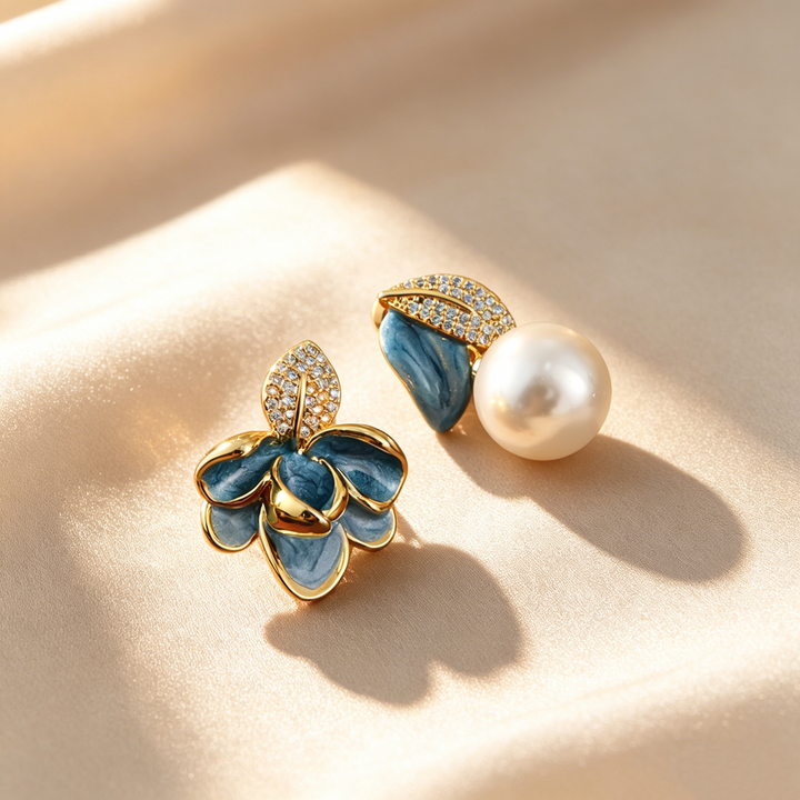 Elegant Asymmetrical Magnolia Enamel &amp; Pearl Drop Earrings