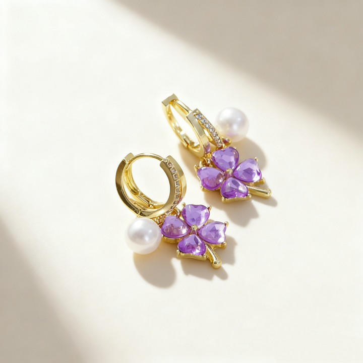 Amethyst Clover &amp; Pearl Double-Layer Earrings