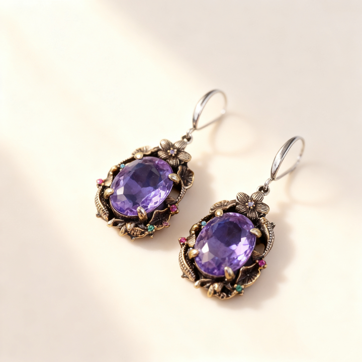 Amethyst &amp; Multicolor Gem Twin Fish Lotus Jewelry Set