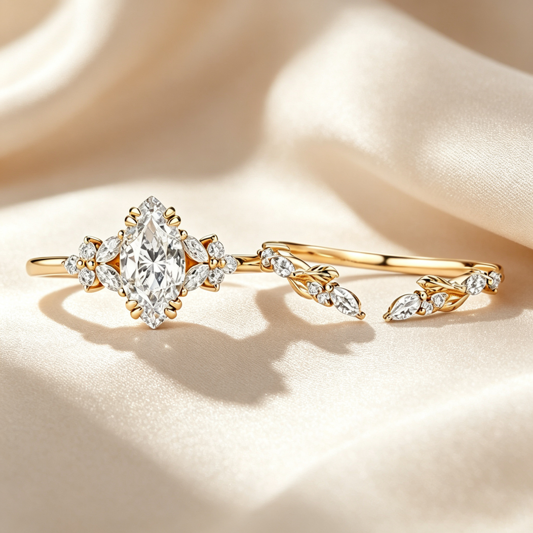 Marquise Floral Leaf Accent Moissanite Ring Set