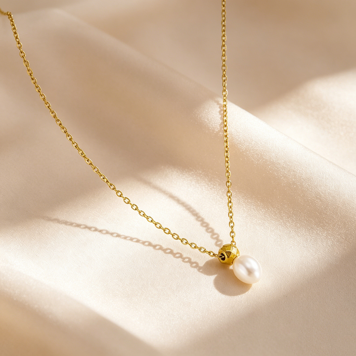 Gold Bead &amp; Natural Pearl Drop Necklace