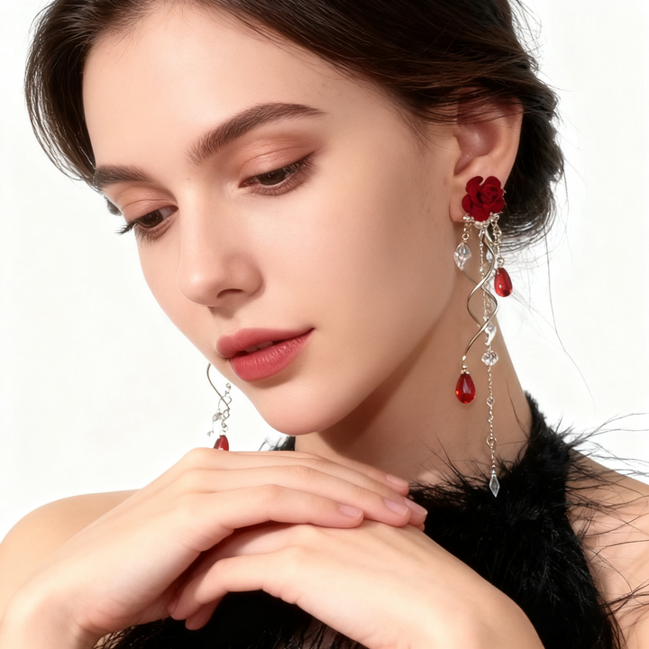Red Velvet Rose Crystal Earrings