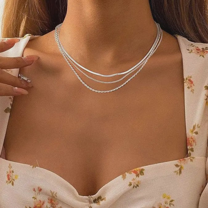 Minimalist Herringbone &amp; Snake Chain Layered Necklace