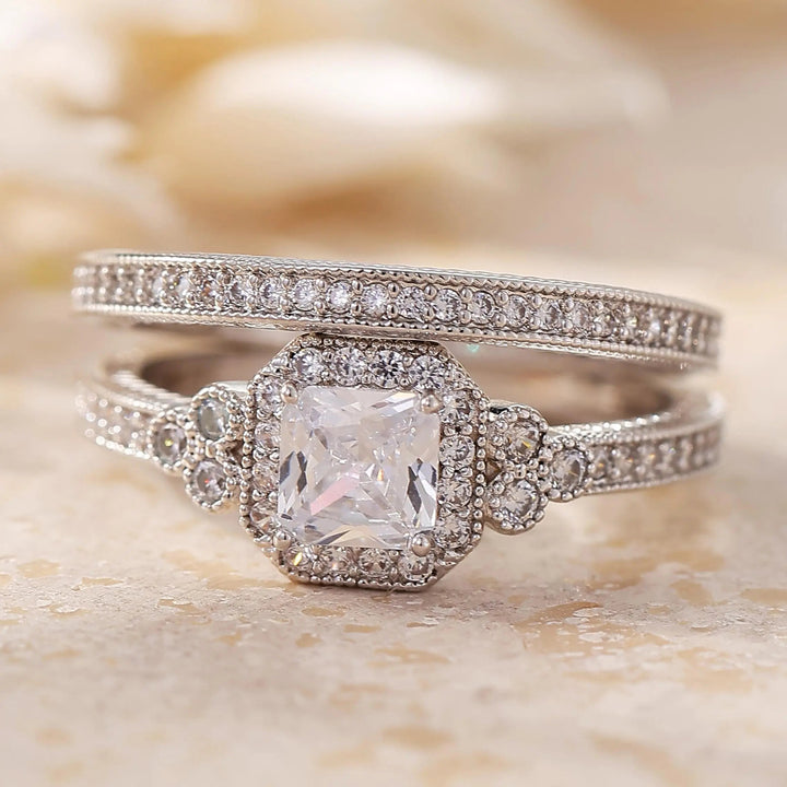 Cushion Double Halo Pave Stackable Ring Set