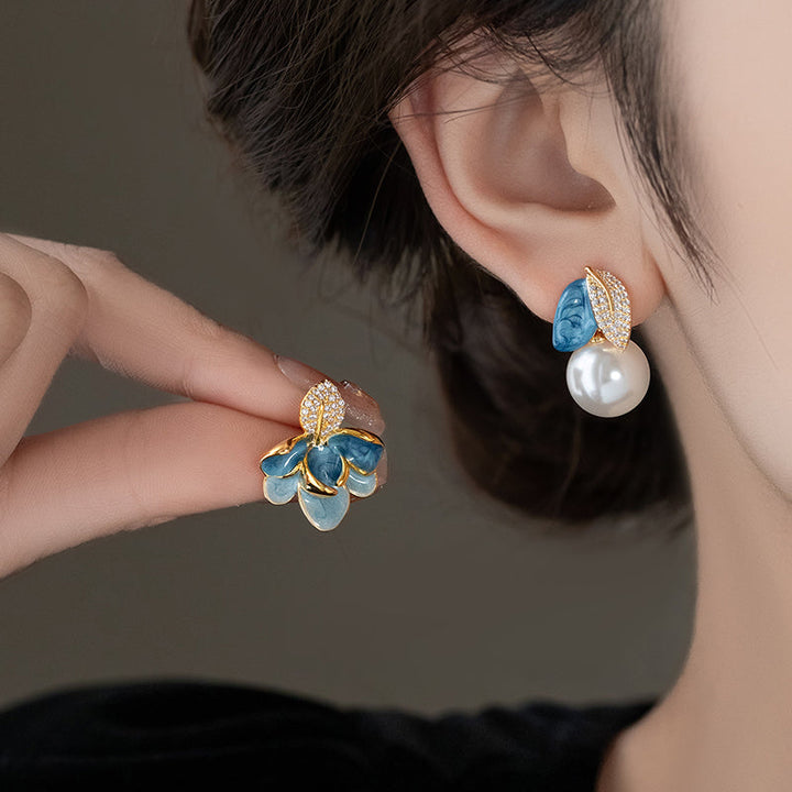 Elegant Asymmetrical Magnolia Enamel &amp; Pearl Drop Earrings