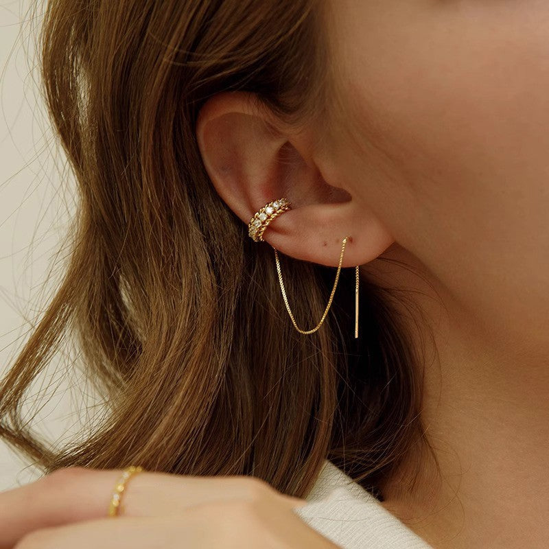 Braided Pavé Ear Cuff & Chain Threader Earrings