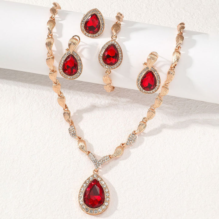 Vintage Rose Gold Red Crystal Necklace, Earrings, Bracelet &amp; Ring Set