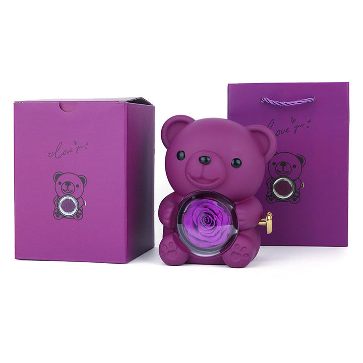 Preserved Rose Bear Gift Box with Heart Necklace