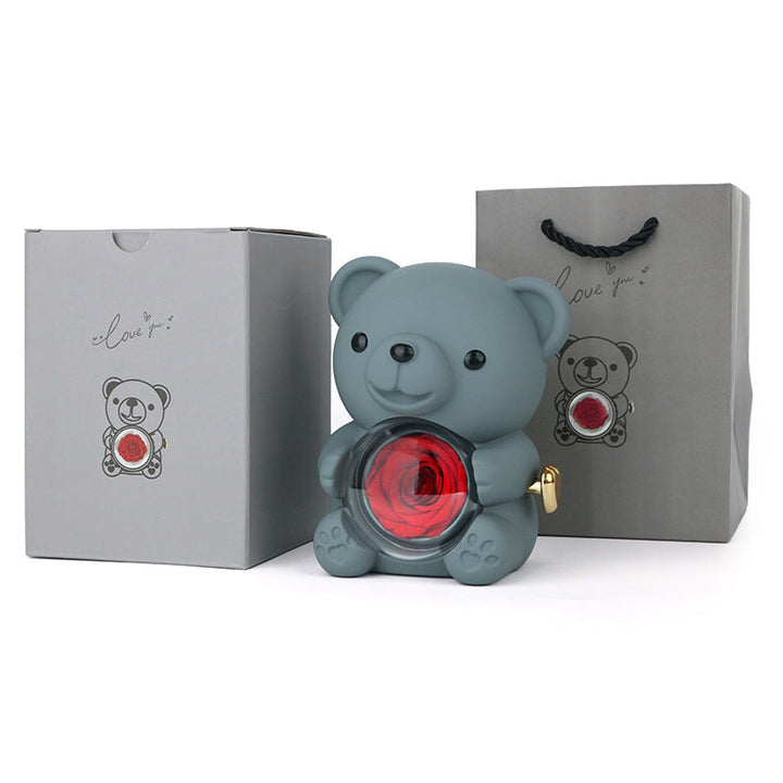 Preserved Rose Bear Gift Box with Heart Necklace