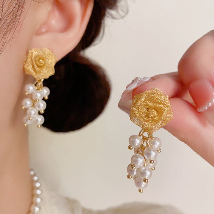 Elegant Rose &amp; Pearl Tassel Drop Earrings