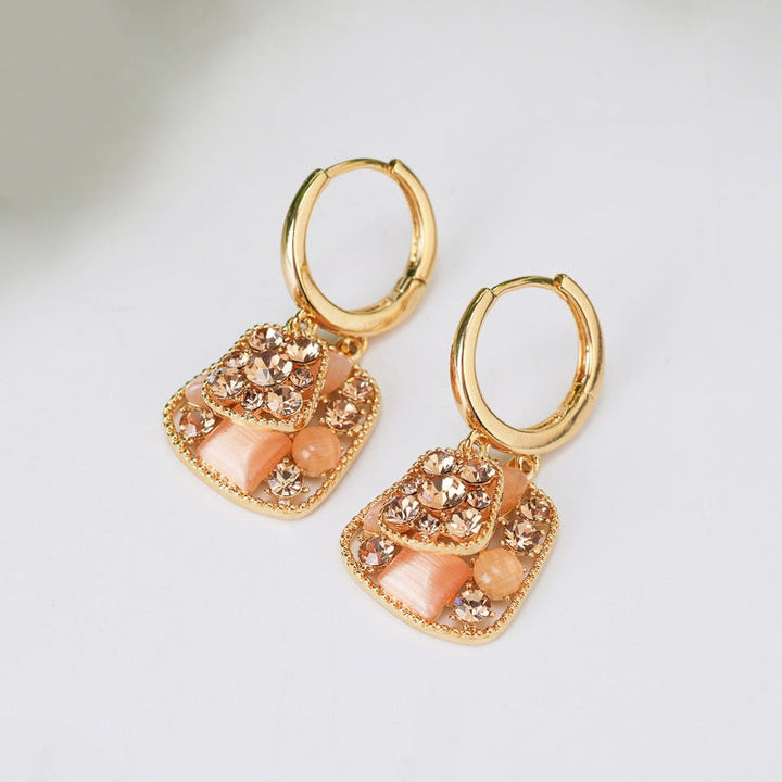 Layered Square Gemstone Drop Hoop Earrings