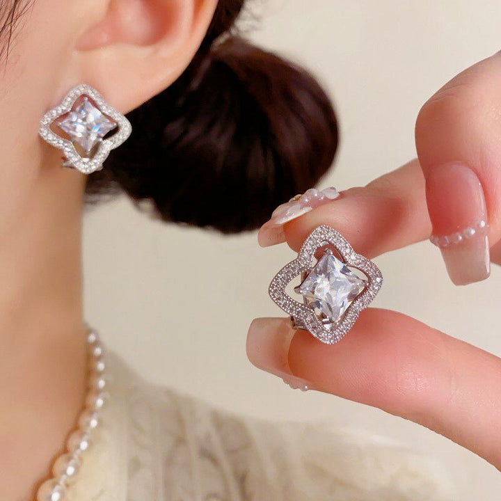 Elegant Four-Leaf Clover Pavé Square Earrings