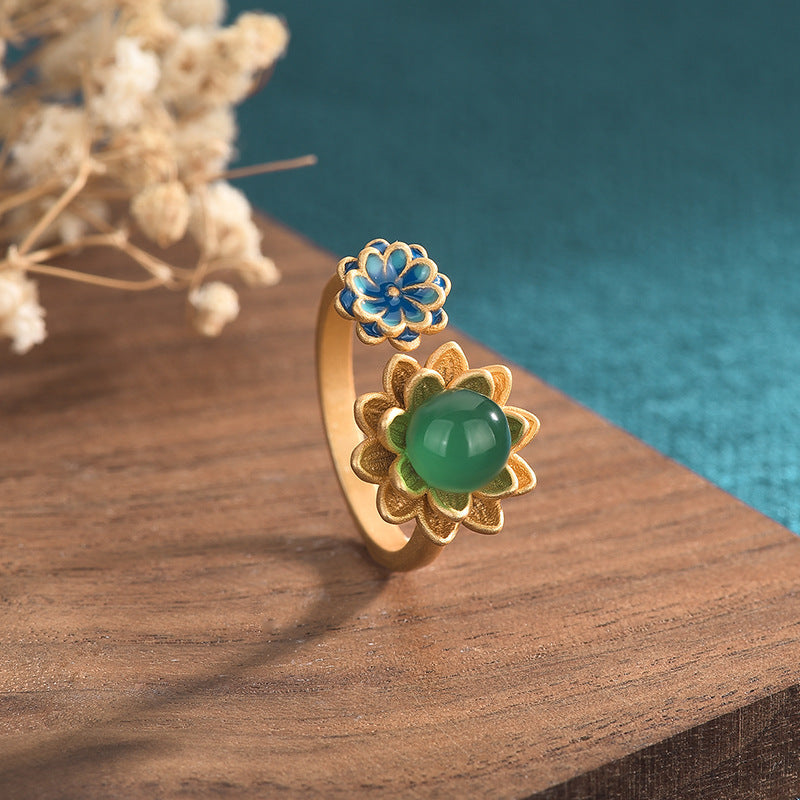 Lotus Natural Emerald Jade Stone Ring