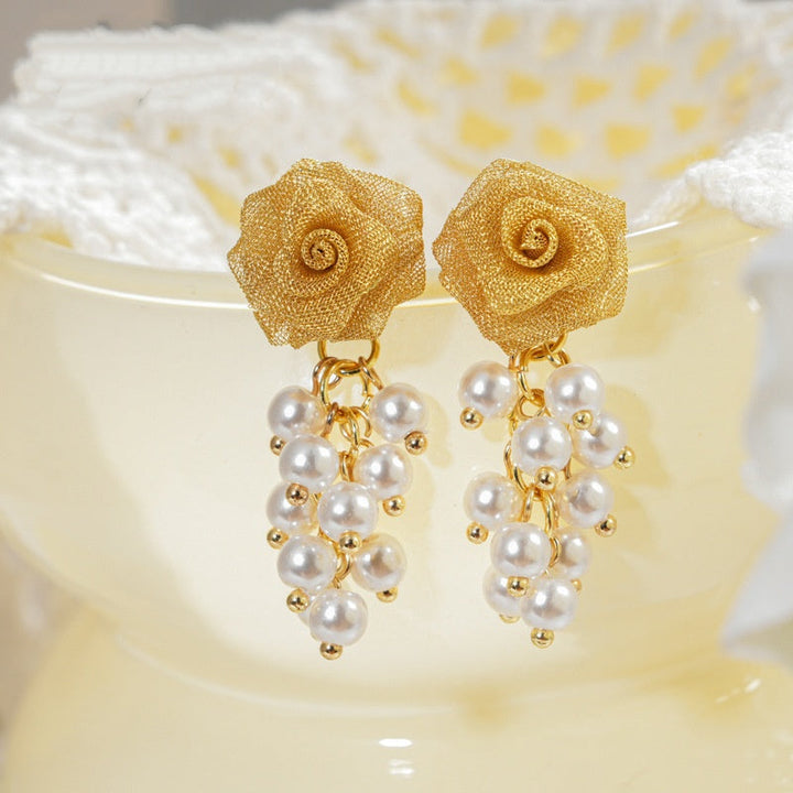 Elegant Rose &amp; Pearl Tassel Drop Earrings