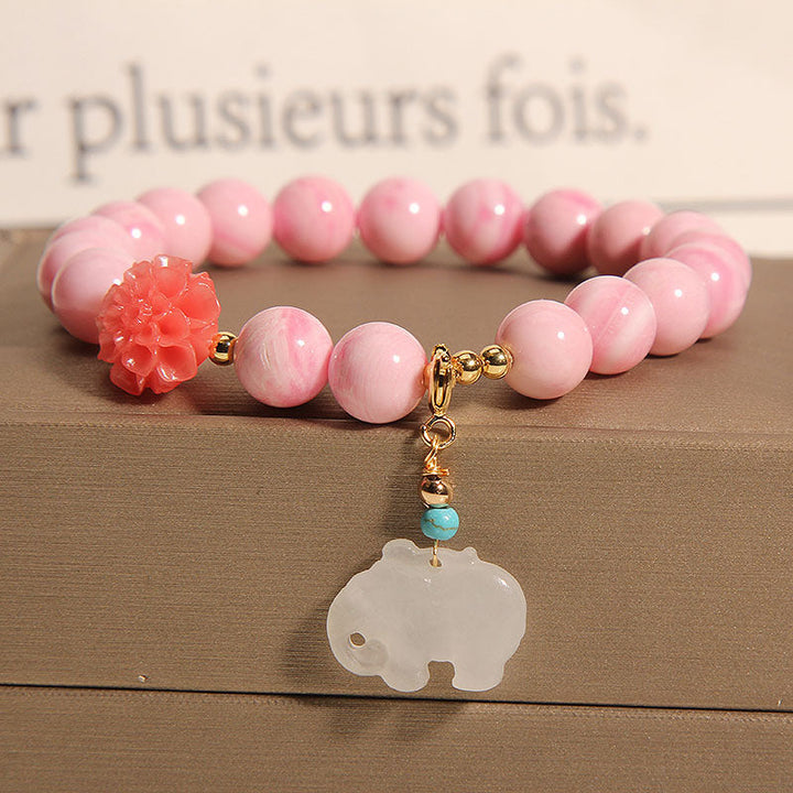Natural deep sea pink shell beads &amp; Emerald Jade stone bracelet