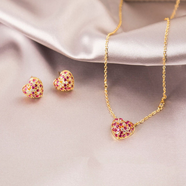 Multicolor Crystal Heart Stud Earrings &amp; Necklace Set