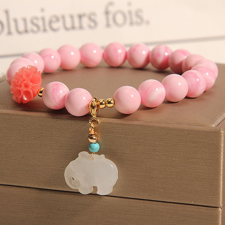 Natural deep sea pink shell beads &amp; Emerald Jade stone bracelet