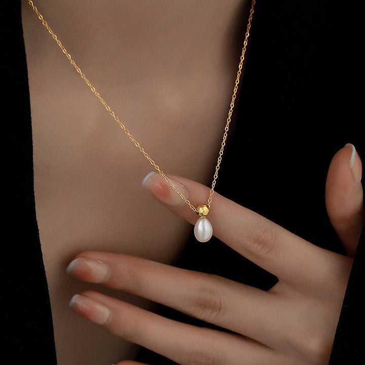 Gold Bead &amp; Natural Pearl Drop Necklace