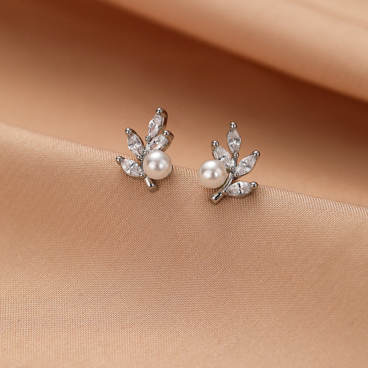 Elegant Leaf &amp; Pearl Stud Earrings