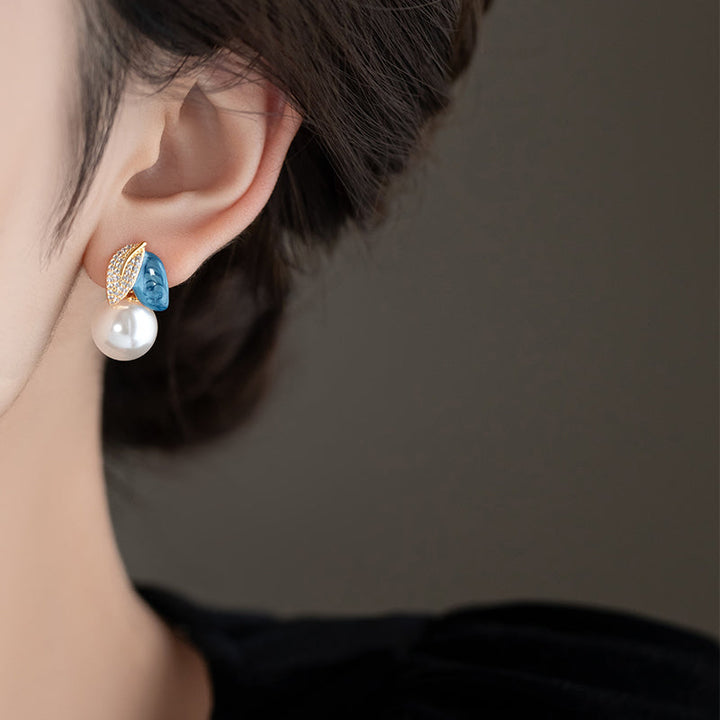 Elegant Asymmetrical Magnolia Enamel &amp; Pearl Drop Earrings
