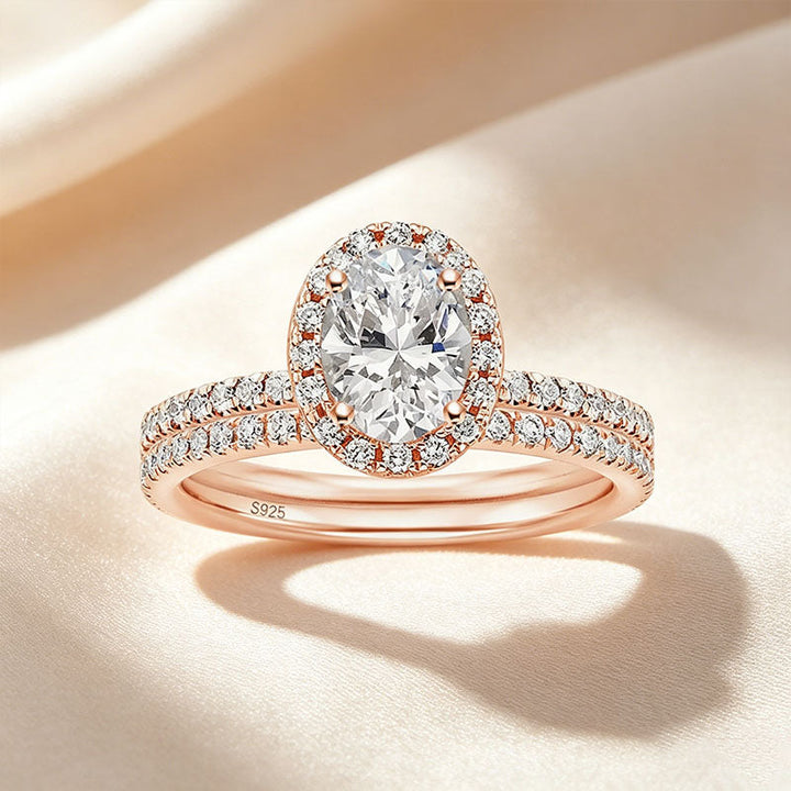 Classic Oval Center Stone Halo Stackable Ring Set