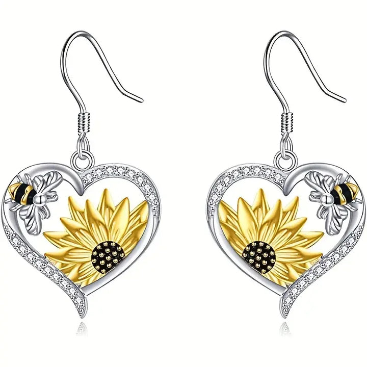 Sunflower and Bee Heart-Shaped Earrings Vintage Bohemian