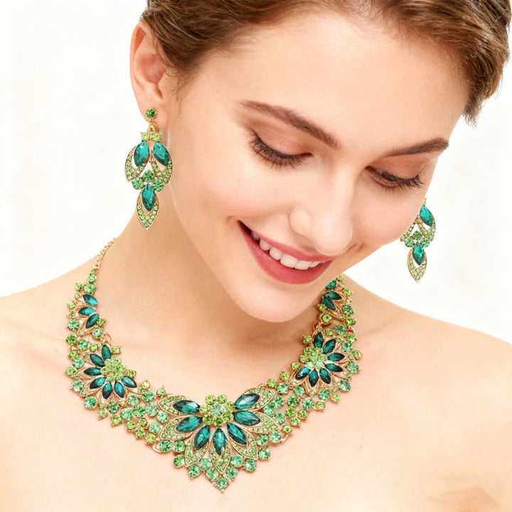 Green Crystal Multi-Layer Necklace &amp; Earring Set