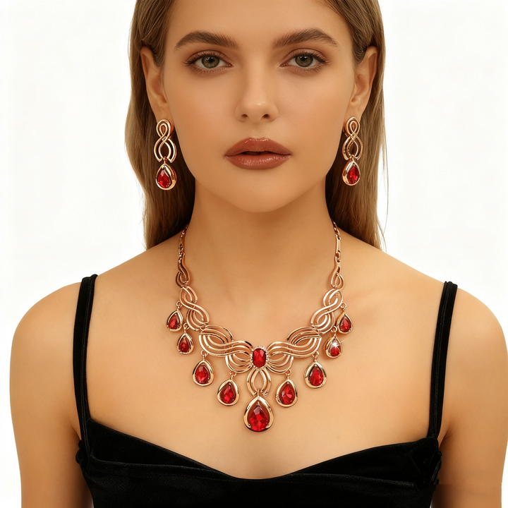 Teardrop Red Crystal Rose Gold Necklace &amp; Earrings Set