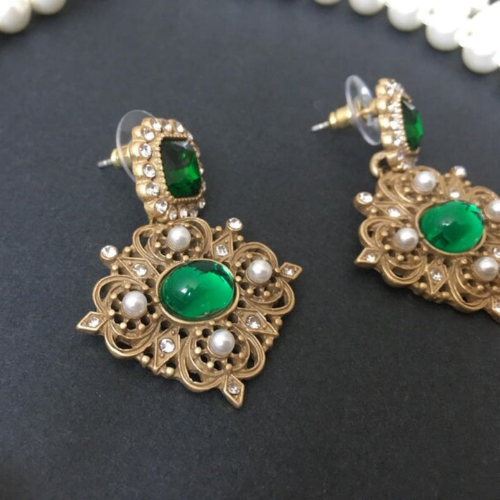 Vintage Green Agate &amp; Pearl Necklace &amp; Earrings Set