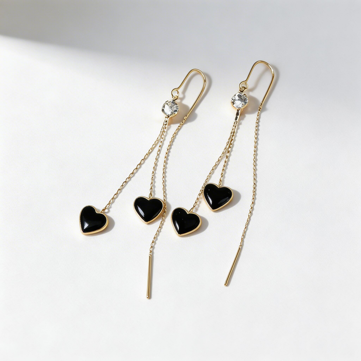 Elegant Double Black Heart Tassel Threader Earrings