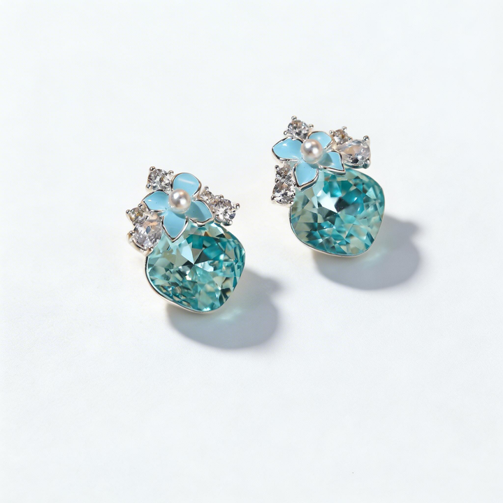 Natural Blue Crystal Flower Stud Earrings