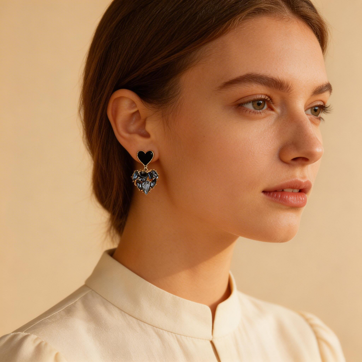 Delicate Double Heart Pendant Stud Earrings