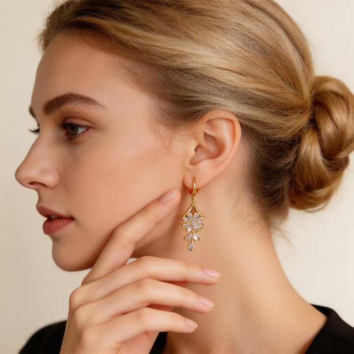 Flower Cluster Drop Hoop Earrings