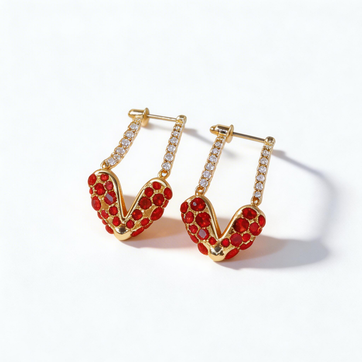 Romantic Red Crystal Heart Drop Earrings