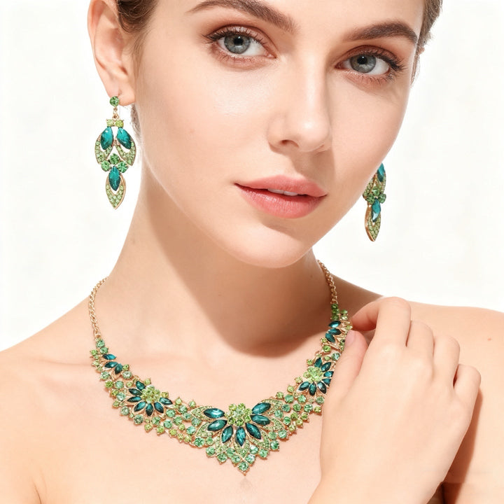 Green Crystal Multi-Layer Necklace &amp; Earring Set