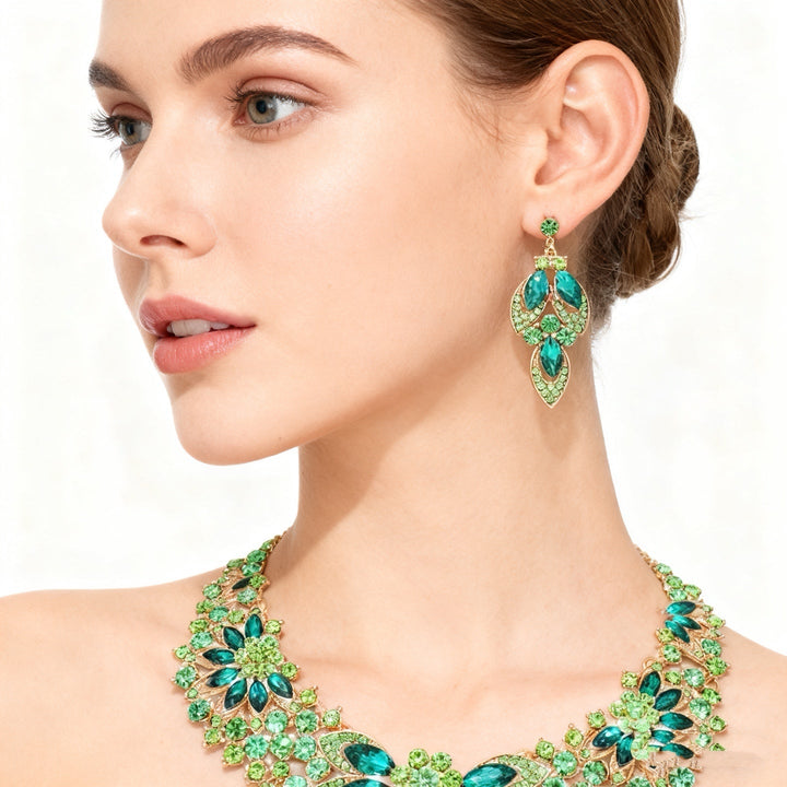 Green Crystal Multi-Layer Necklace &amp; Earring Set