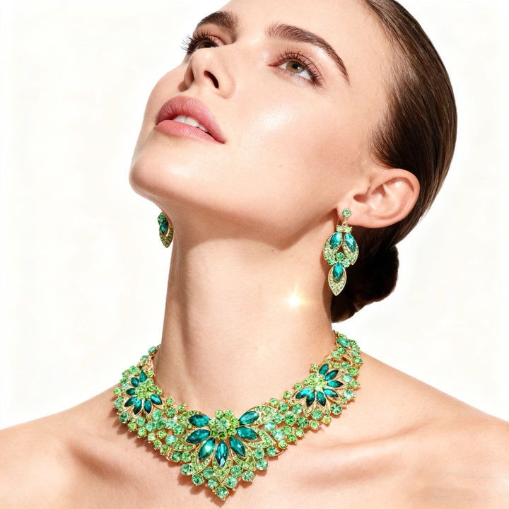 Green Crystal Multi-Layer Necklace &amp; Earring Set